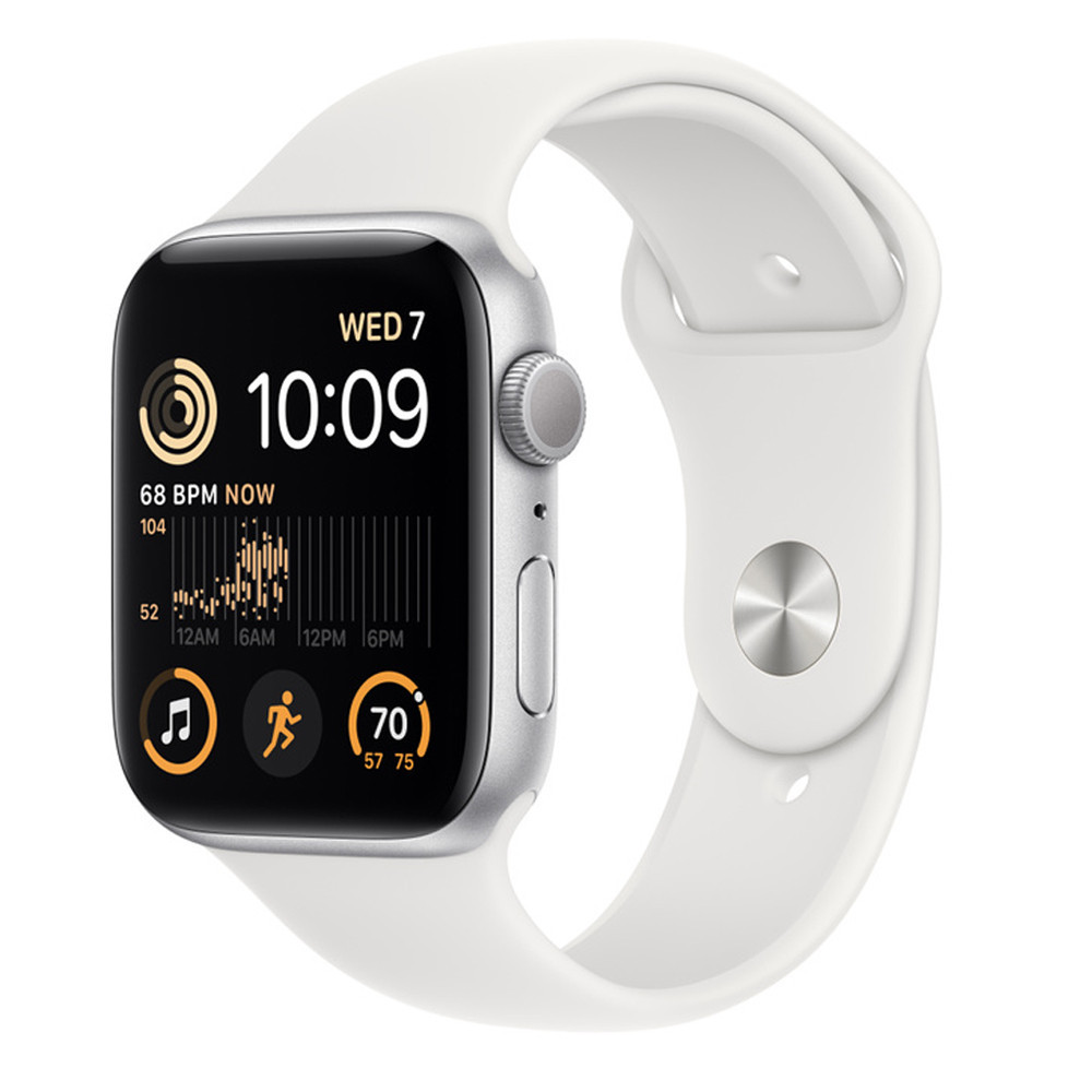 Часы Apple Watch SE 2022 44 мм, Корпус из алюминия серебристого цвета, спортивный ремешок цвета белый Уфа купить в интернет-магазине