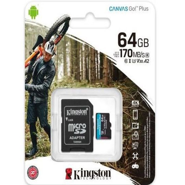 Карта памяти Kingston Canvas Go Plus Micro SD 64Gb, Class 10, V30, UHS-1 U3, A2, R170 Мб/с с SD Уфа купить в интернет-магазине