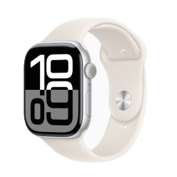 Часы Apple Watch Series 10, 46 мм, корпус из алюминия Серебристого цвета, спортивный ремешок цвета Сияющая звезда купить в Уфе