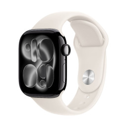 Умные часы Apple Watch Series 11 42 мм, корпус из алюминия цвета Jet Black, ремешок Sport Band цвета Starlight купить в Уфе
